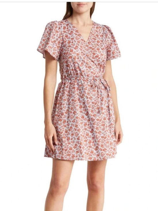 Madewell Dresses & Skirts - Madewell Fiore Floral Short Sleeve Cotton Wrap Dress XL Blue/Red-Orange Floral